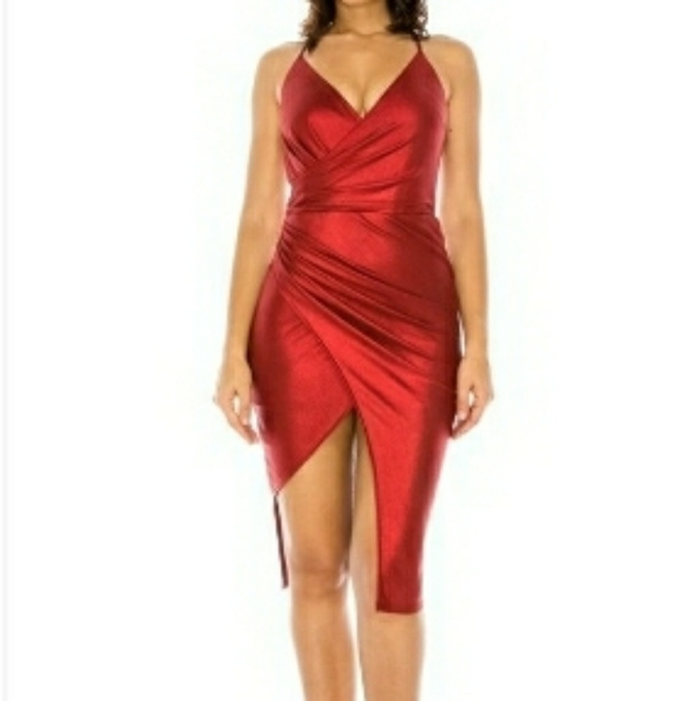 Hot GLAM Metallic Formal V Neck Skinny Strap Lurex Midi Dress